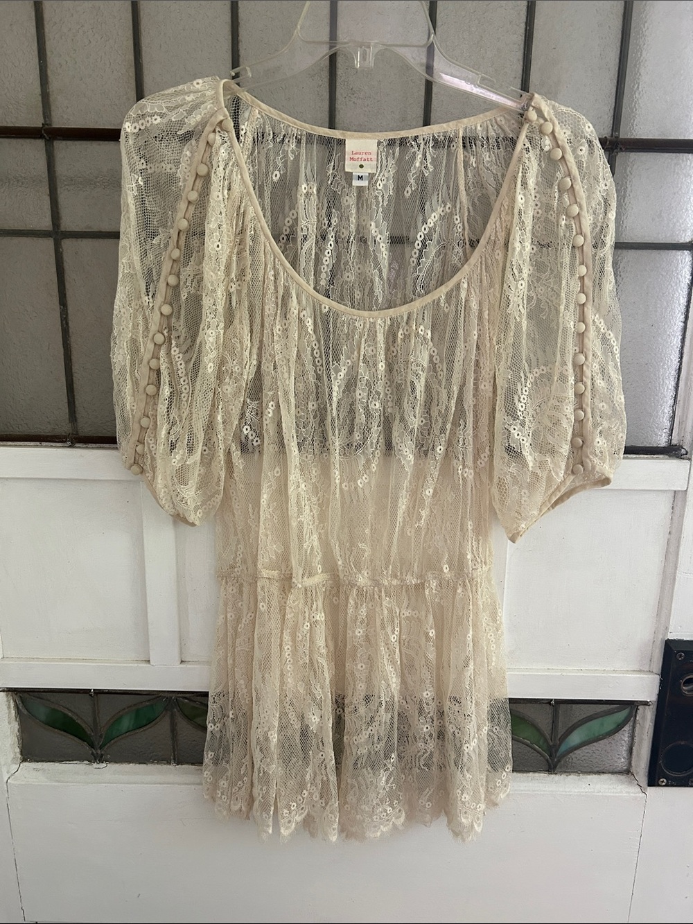 Lauren Moffett Vintage Havana Cream Lace Sequin Peplum Blouse